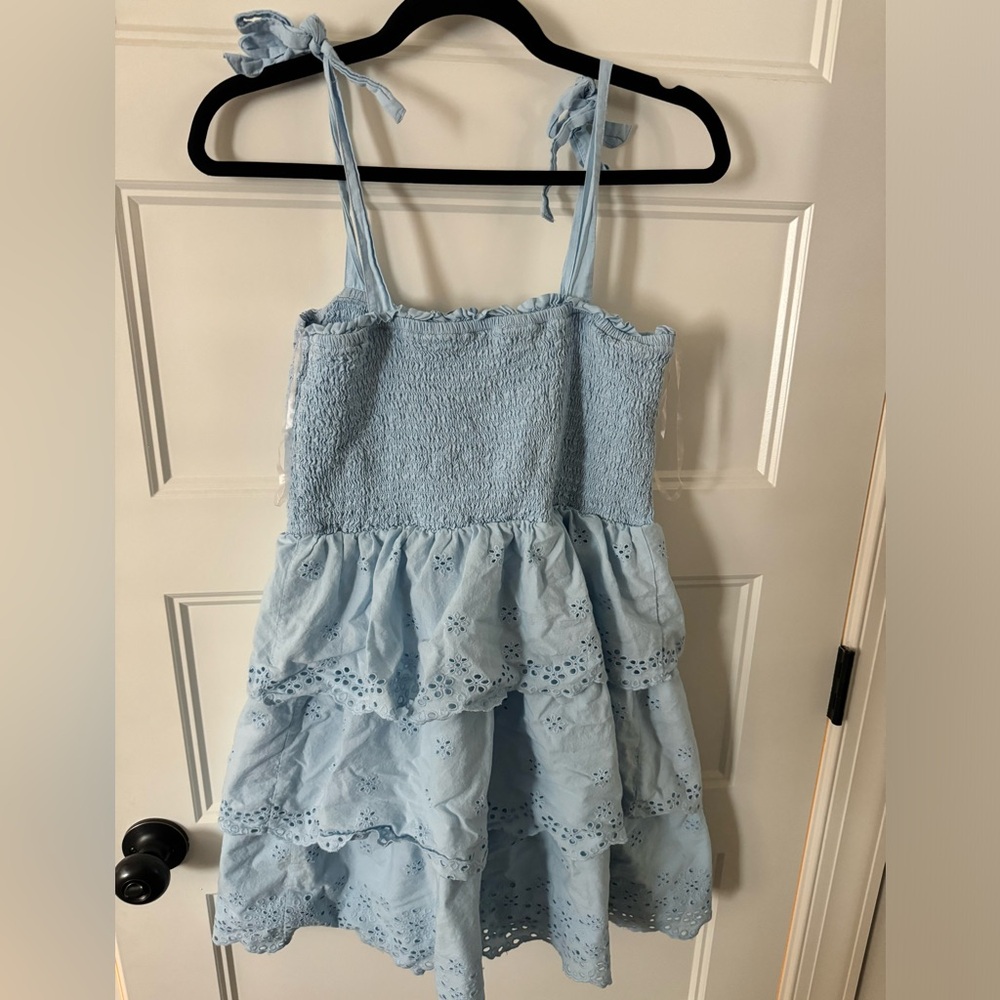 American Eagle Light Blue Tiered Ruffle Eyelet Dress Adjustable Tie Straps